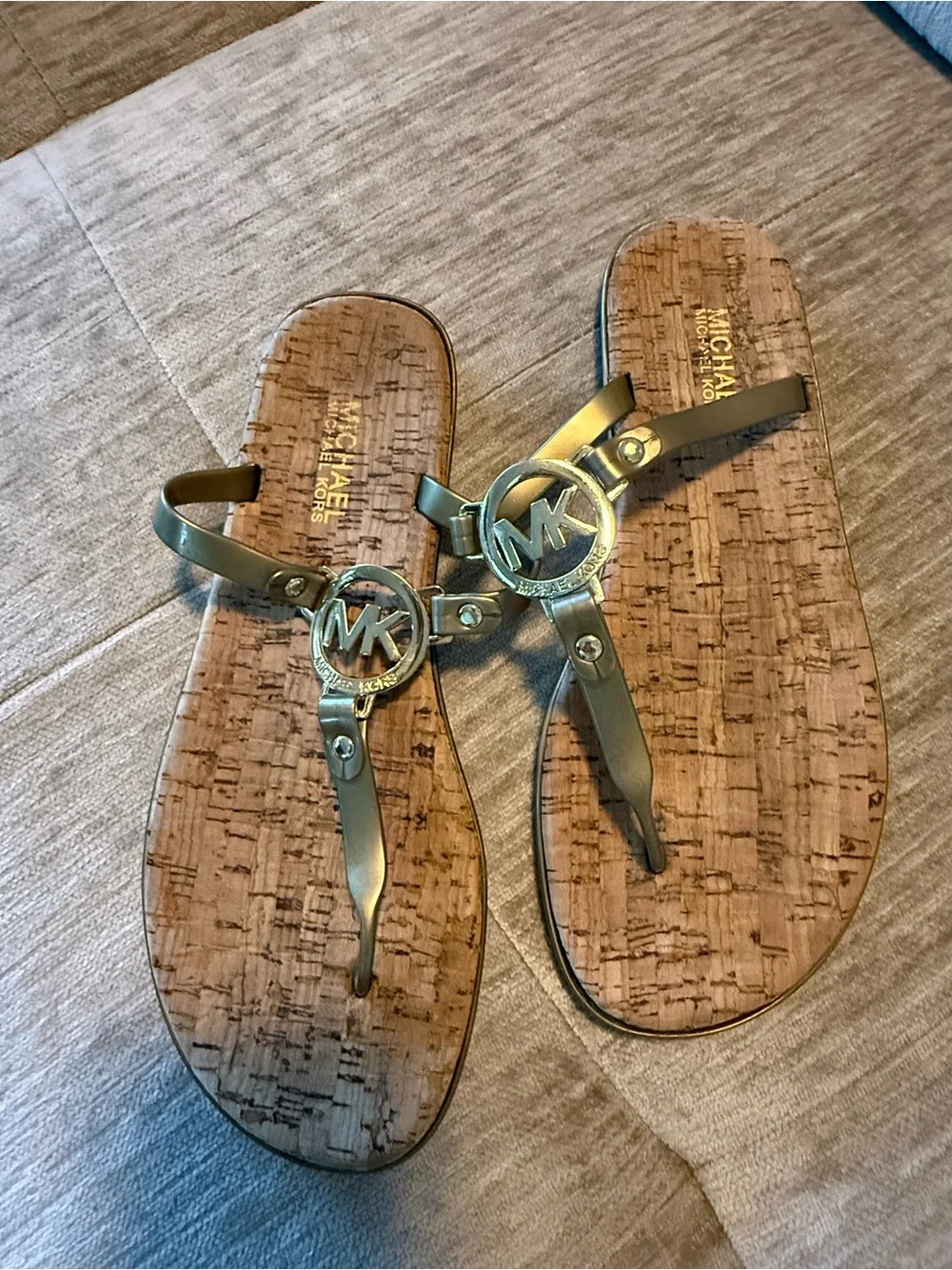 Michael Kors Gold Logo Tan Cork-Style Sandals